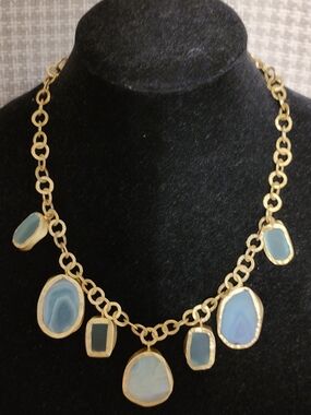Gold Chain Necklace with Blue Agate Pendant Accents